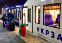  Arrival at Kyiv Central station’s Platform 14 means lugging bags up two flights of stairs.