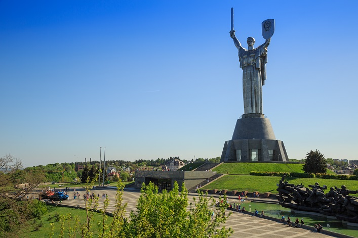 The Soviet-era hammer-and-sickle symbol has been removed from the Motherland Monument in Kyiv.